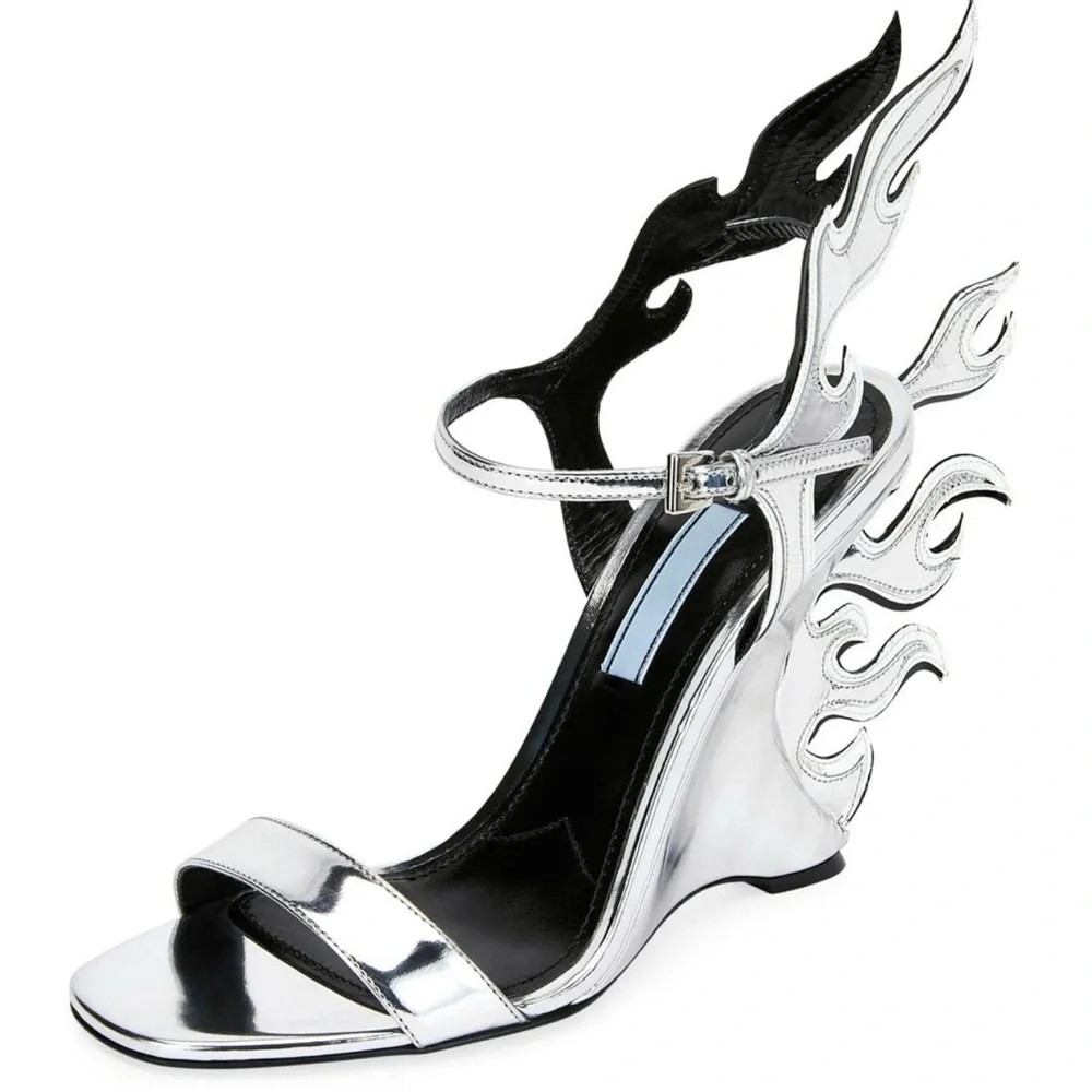 Prada Silver and Black Flame Wedge Sandals Shoes Vintage Y2K 90s Size 39